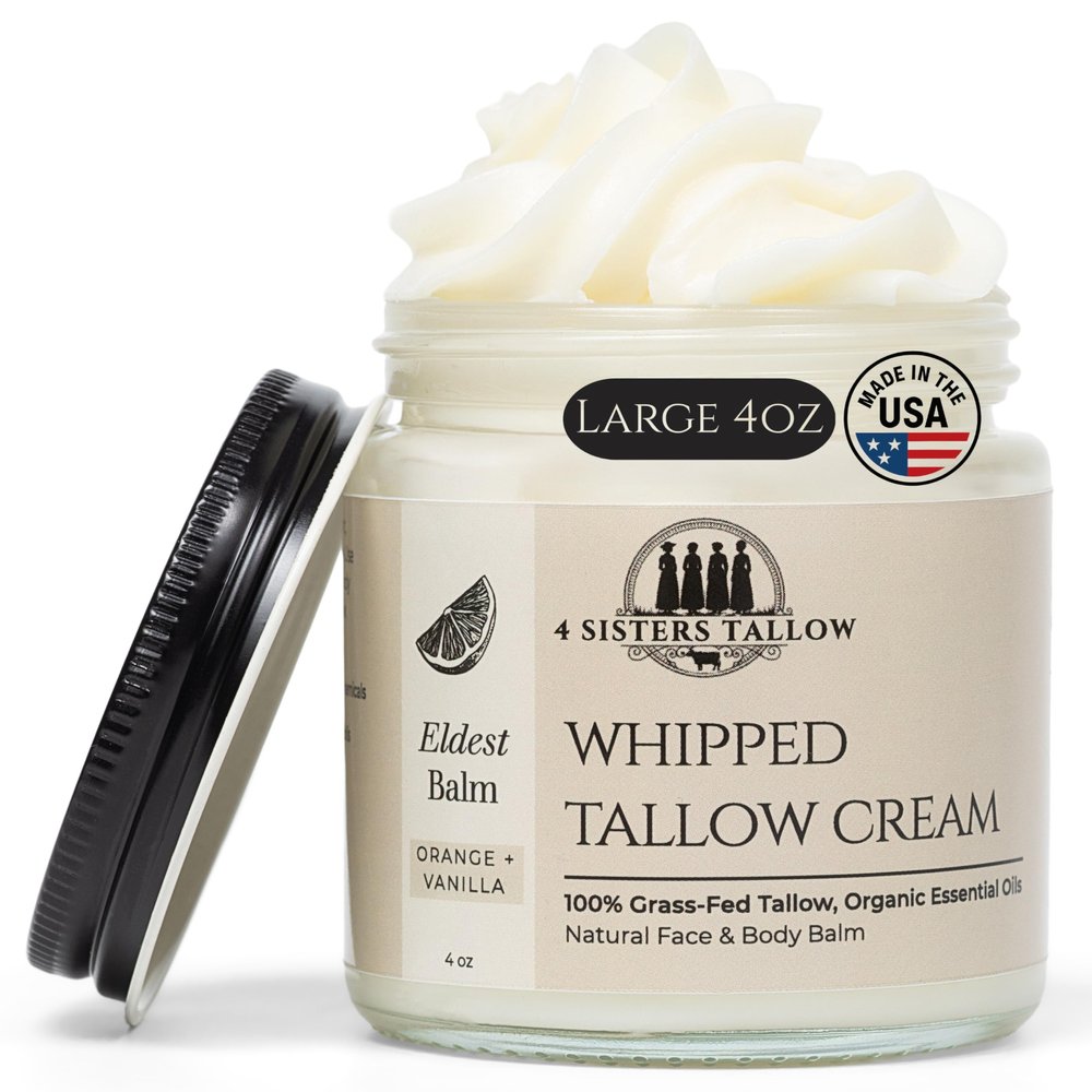 100% Grass Fed Beef Tallow For Face & Skin - All Natural Tallow Face Cream - Whipped Moisturizer Lotion - Made in USA - 100% Organic Oils - Lrg 4 Fl Oz - Eldest Balm (Orange, Vanilla & Frankincense)