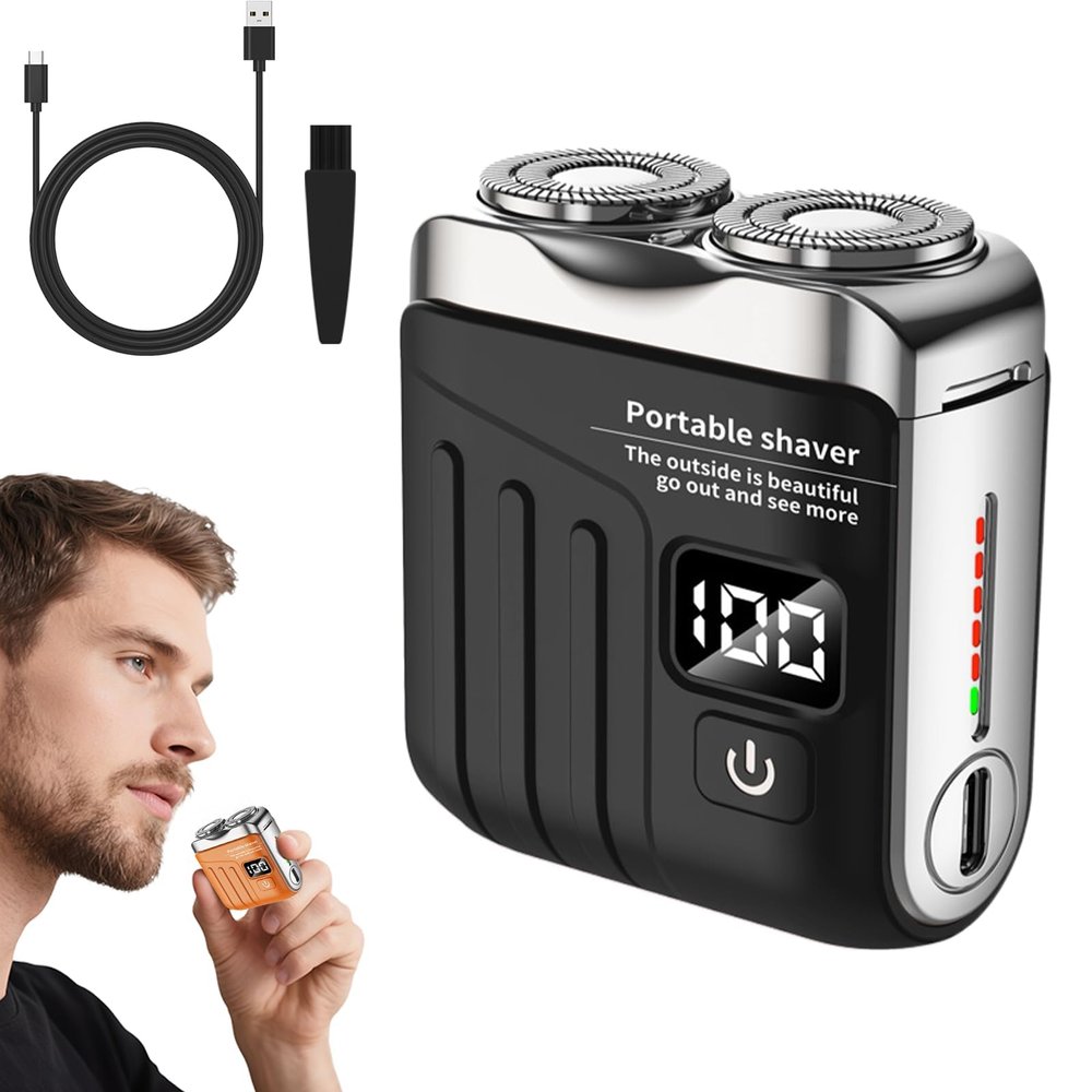 2025 Upgraded Mini Dual-Head Rotary Electric Shaver Portable USB-C Rechargeable IPX7 Waterproof Pocket Razor with High-Speed Quiet Motor & Floating Precision Blades for Home (Black)