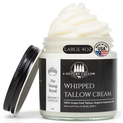 100% Grass Fed Beef Tallow For Face & Skin - All Natural Tallow Face Cream - Whipped Moisturizer Lotion - Made in USA - 100% Organic Essential Oils - Lrg 4 Fl Oz - The Young Royal (Vanilla & Jasmine)