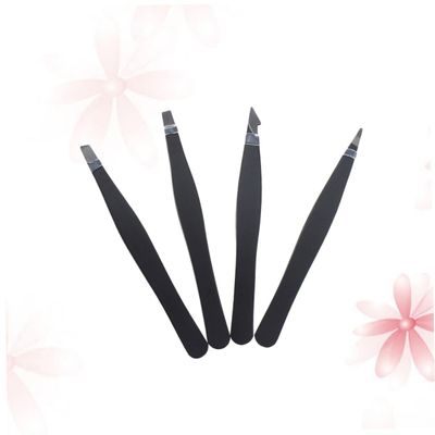 Beavorty 4pcs Eyebrow Tweezer Kit Professional Stainless Steel with Flat Pointed Tips for Precision Grooming Travel Friendly Storage Bag Included Black