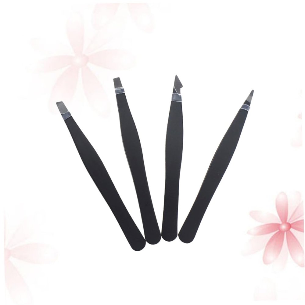 Beavorty 4pcs Eyebrow Tweezer Kit Professional Stainless Steel with Flat Pointed Tips for Precision Grooming Travel Friendly Storage Bag Included Black