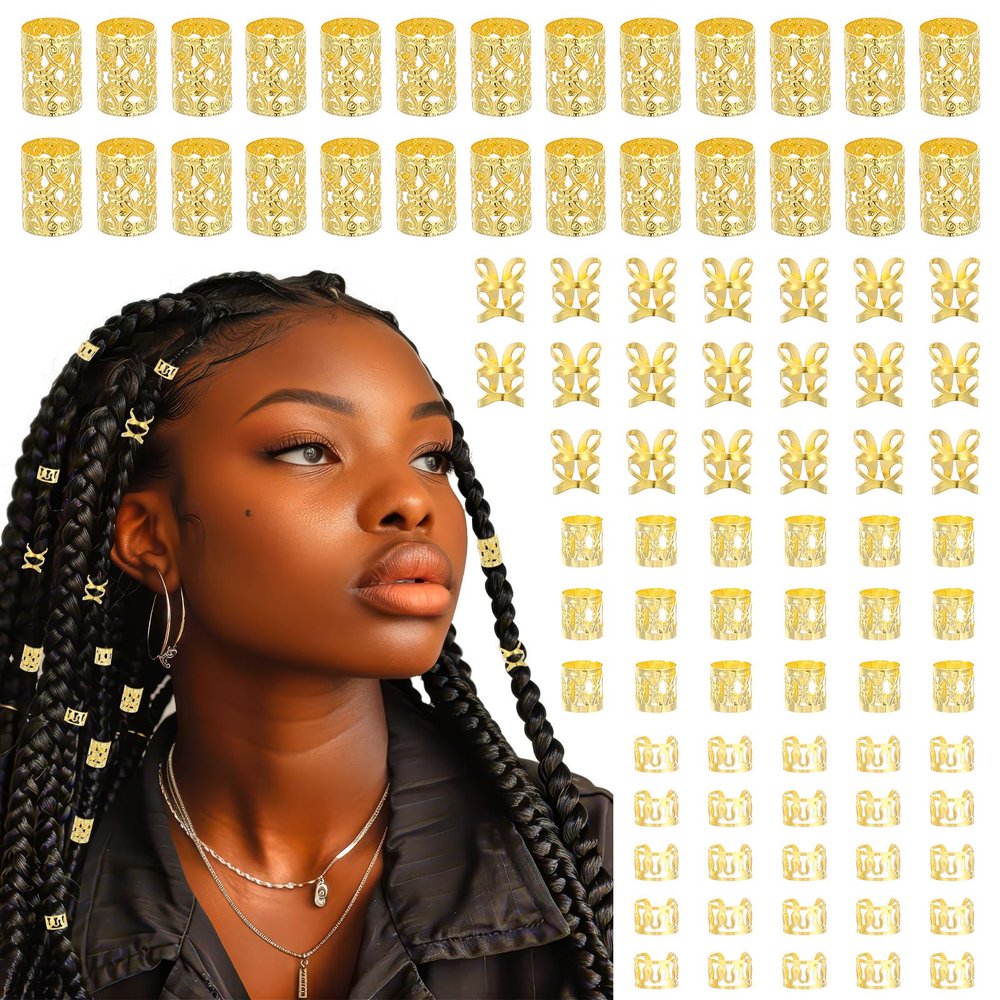 120Pcs Gold Hair Rings for Braids, Gold Hair Ring for Girls Women, Non-Piercing Cuffs & Rings for Dreadlock & Festival Hairstyles