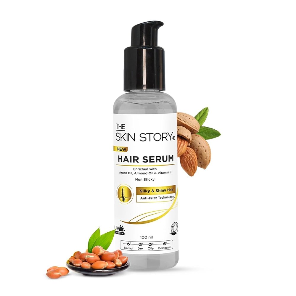 Skin Story Anti-Frizz Hair Serum Non-Sticky|Protection&Shine|For Dry,Flyaway&Frizzy Hair|Uv Protection With Argan Oil,Almond Oil&Vitamin E|Controls Frizz|Smoothes&Repairs|Paraben Free|100Ml