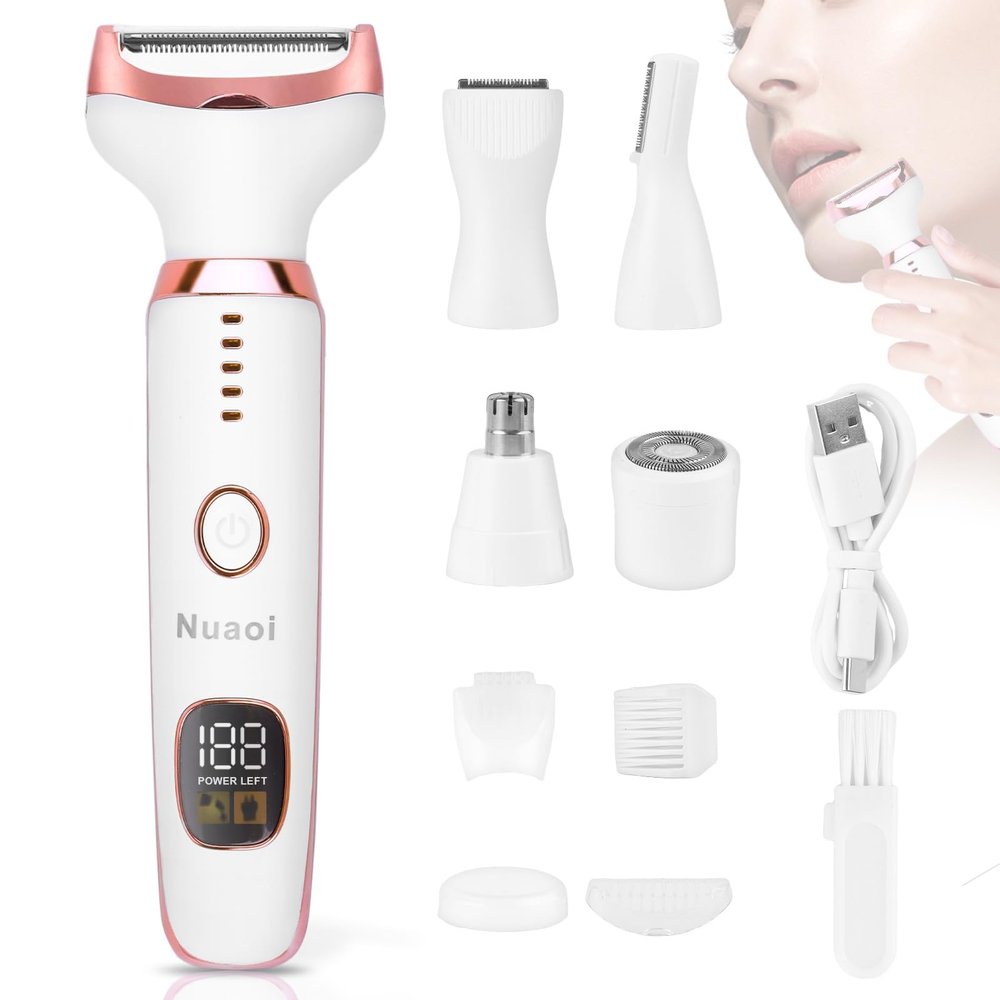 Electric Shaver Razors for Women - 5 in 1 Bikini Trimmer for Women Body Hair Trimmer Facial Hair Removal Cordless Rechargeable Body Shaver for Face Chin Arms Underarm Legs Arms Eyebrow