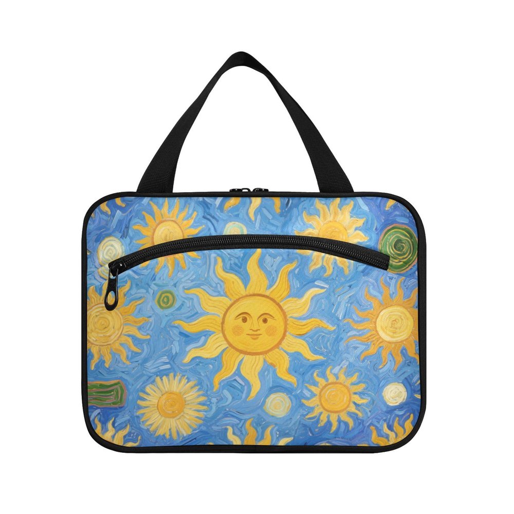 Art Oil Painting Blue Sun hanging travel containers for toiletries with hook, designer chic quilted makeup bag for men trip estuche para maquillaje L