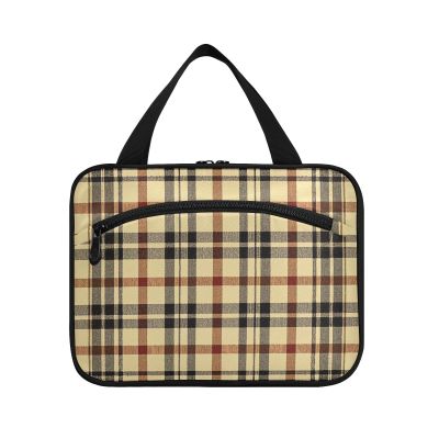 Yoogain Vintage Buffalo Plaid Checked Khaki hanging mens toiletry bag with hook, designer chic make up bags for travel make up cruises estuche para guardar maquillaje L