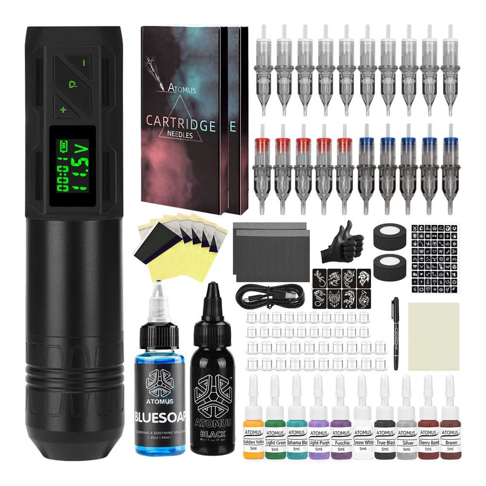 Tattoo Kit, Cordless Complete Tattoo Gun Machine Kit with Digital Led Display for Beginners and Artists, All-in-one Tattoo Machine Kit with Ink, Cartridge Needles, Practice Skin, Rubber Gloves WS0640