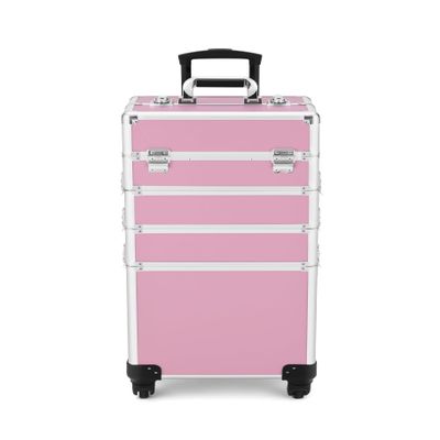 FigaroAct Professional Rolling Makeup Train Case, Large Cosmetic Trolley with 360 Swivel Wheels Cosmetic Case with Locks, Travel Organizer for Nail Art/Makeup/Hair Stylist (Pink)