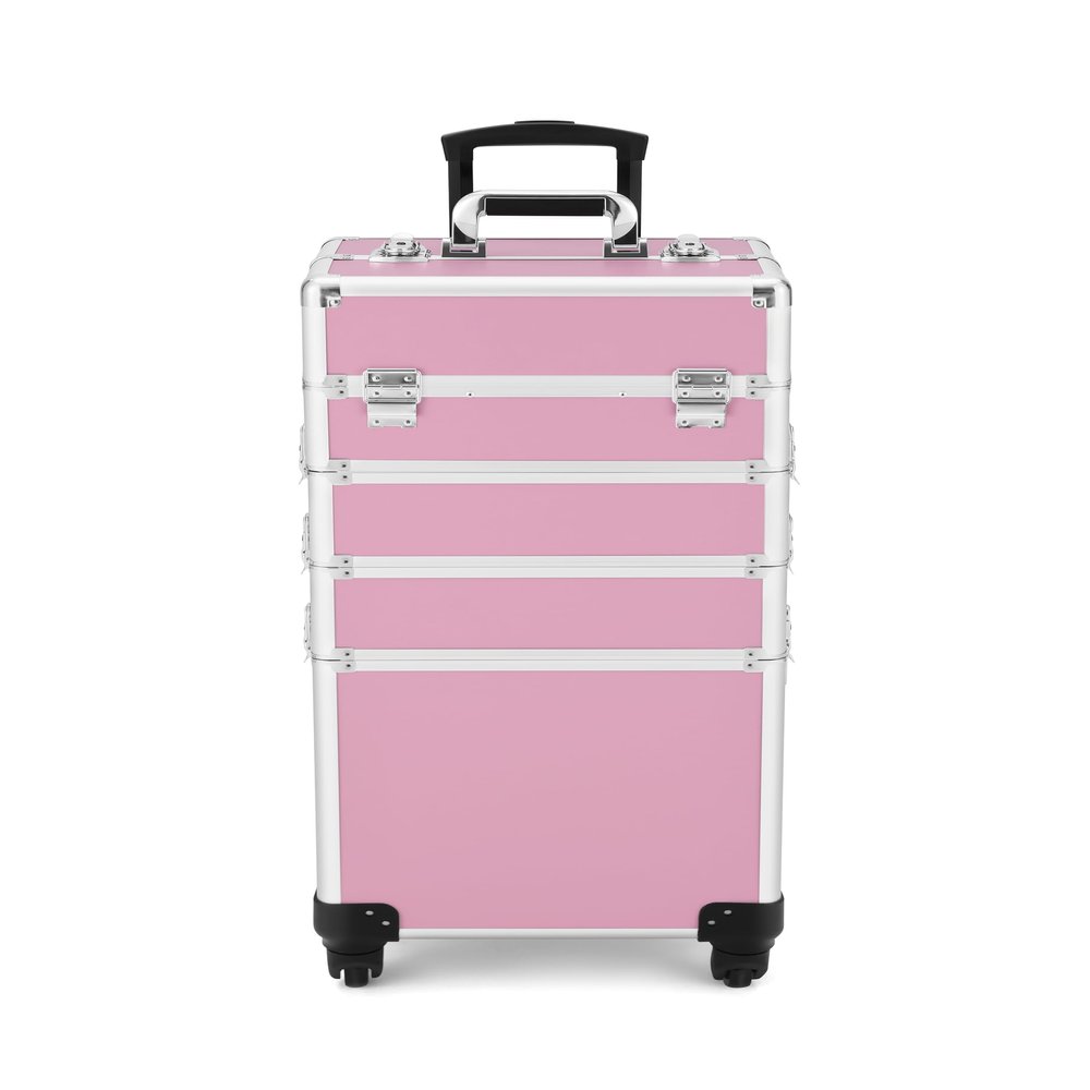 FigaroAct Professional Rolling Makeup Train Case, Large Cosmetic Trolley with 360 Swivel Wheels Cosmetic Case with Locks, Travel Organizer for Nail Art/Makeup/Hair Stylist (Pink)