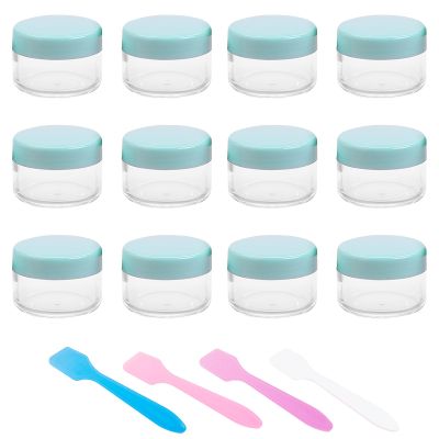 12 Pcs 15ml/0.5oz Small Travel Containers, 4 Pcs Makeup Spatula, Clear Plastic Cosmetic Jar Refillable Roun for Lotion Cream Products Sample Bottles, Plastic with Screw on Lid Container (green)