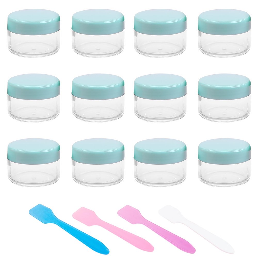 12 Pcs 15ml/0.5oz Small Travel Containers, 4 Pcs Makeup Spatula, Clear Plastic Cosmetic Jar Refillable Roun for Lotion Cream Products Sample Bottles, Plastic with Screw on Lid Container (green)
