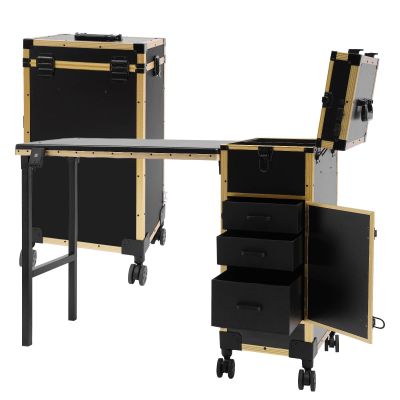 Kreiaoer Foldable Rolling Manicure Table with Mirror and Lights, Portable Nail Desk with 3 Drawers, Lock & Wheels, Travel Vanity Station for Makeup Artists & Beauty Lovers (Gold/Black)