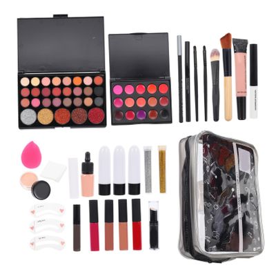 DECORNIJIA 1set Ladies Full Makeup Cosmetic Set Eyeshadow Palette Lip Gloss Foundation Mascara Brushes Blush Eyebrow Pencil for Beginners and Teens