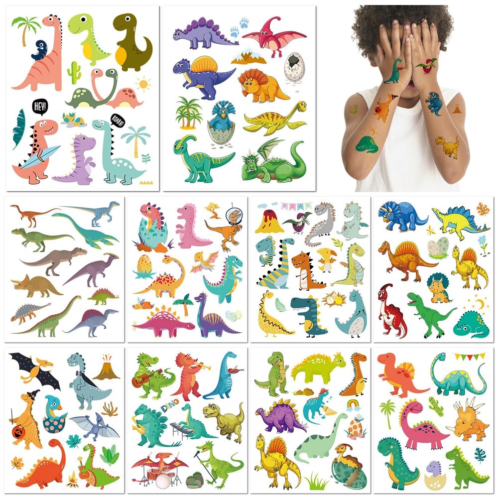 10 Sheets Dinosaur Temporary Tattoos for Kids Waterproof Cute Cartoon Dino Stickers for Boys Girls Party Favors