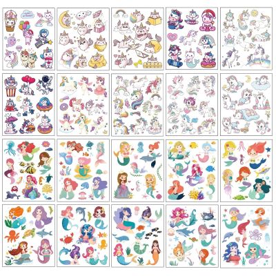 20 Sheets Unicorn and Mermaid Princess Temporary Tattoos for Kids Fun Cartoon Face Stickers Safe Waterproof Fake Tattoo Stickers for Girls Party Favors