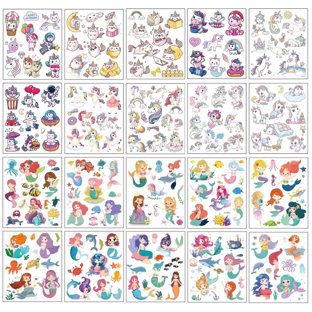 20 Sheets Unicorn and Mermaid Princess Temporary Tattoos for Kids Fun Cartoon Face Stickers Safe Waterproof Fake Tattoo Stickers for Girls Party Favors