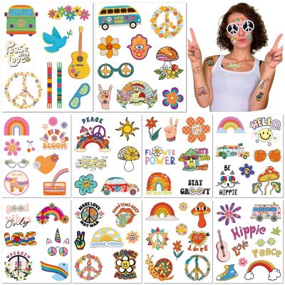 10 Sheets Hippie Temporary Tattoos 70s Waterproof Love Peace Flower Power Smiley Face Rainbow Stickers for Birthday Party Band Festival