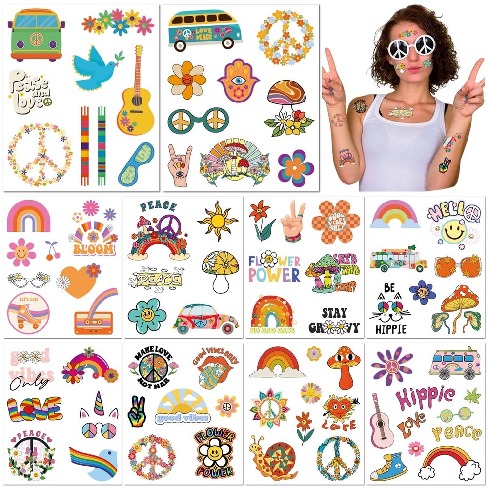 10 Sheets Hippie Temporary Tattoos 70s Waterproof Love Peace Flower Power Smiley Face Rainbow Stickers for Birthday Party Band Festival