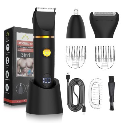 Qreeyx Manscape Body Trimmer for Men, 3 in 1 Men's Grooming Kit with Pubic/Nose Hair Trimmer & Ball Shaver for Nose/Balls/Groin/Legs/Chest Hair Removal, LED Display, IPX6 Waterproof, Gifts for Him Dad