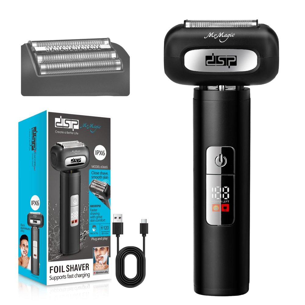 DSP Electric Shavers for Men, IPX6 Waterproof, Type-C, Rechargeable Shaver, 4-Blade Cutting System, Electric Foil Shaver, Travel Lock (Black)