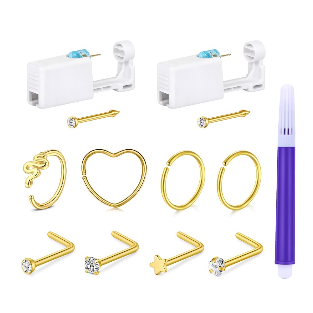AVYRING Nose Piercing Kit - 2 Packs Gold Self Piercing Gun with Nose Rings & Studs, Hypoallergenic Steel Tools at Home Disposable Safety Nose Piercing Gun Kit