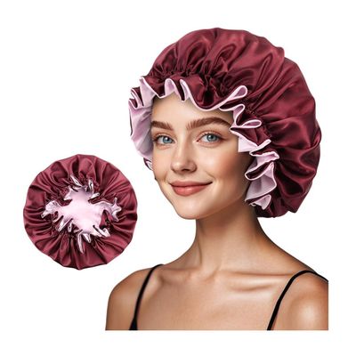 Reversible Silk Sleep Cap for Women, Double-Layered Satin Lined Hair Bonnet with Ruffle Trim, Non-Slip Design for All Hair Types (US, Alpha, One Size, Large, Burgundy)