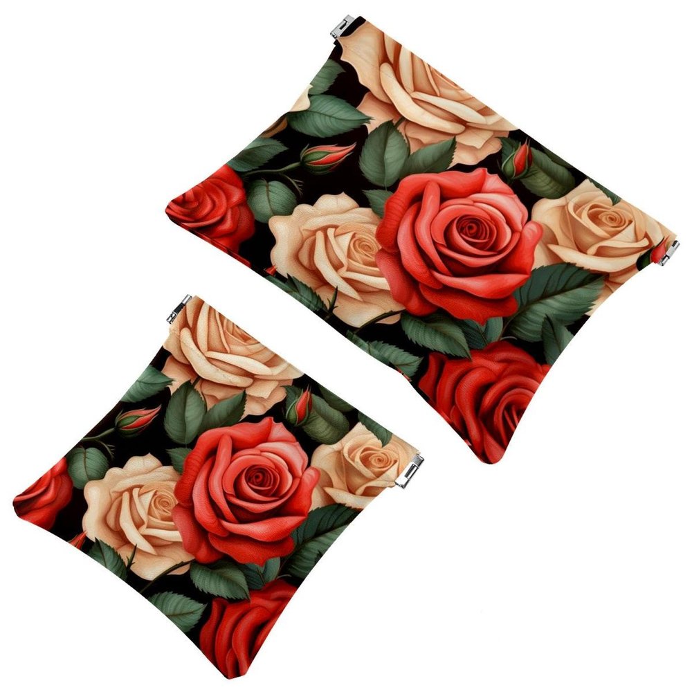 2Pcs Bright Red Roses-1976 Pocket Cosmetic Bag for Purses, Waterproof Makeup Bag Cosmetic Pouch, Portable No Zipper Makeup Bag