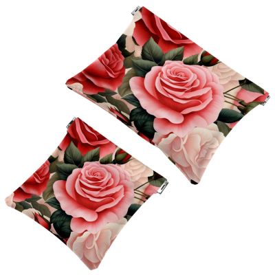 2Pcs Bright Red Roses-1955 Pocket Cosmetic Bag for Purses, Waterproof Makeup Bag Cosmetic Pouch, Portable No Zipper Makeup Bag