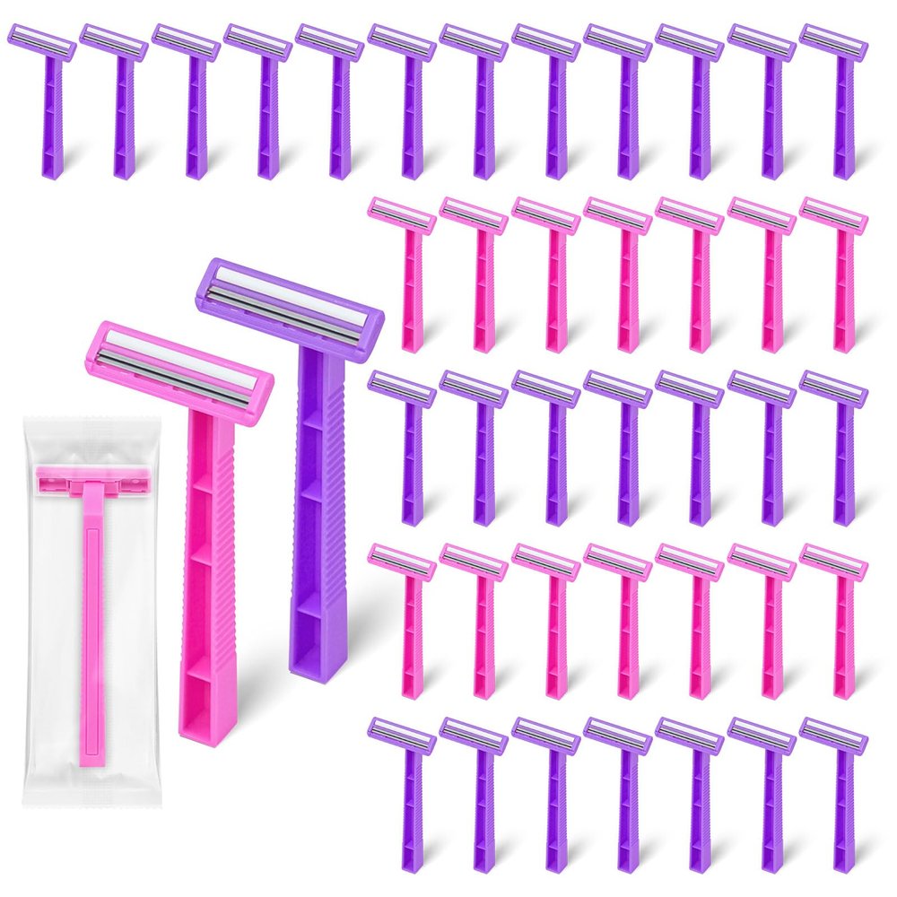 Fafortune Women's Disposable Razors Individually Wrapped Twin Blade,Disposable Razors Women Bulk with Clear Safety Cap for Men Women Camping Traveling Home Bathing Hotel (pink and purple, pack of 40)
