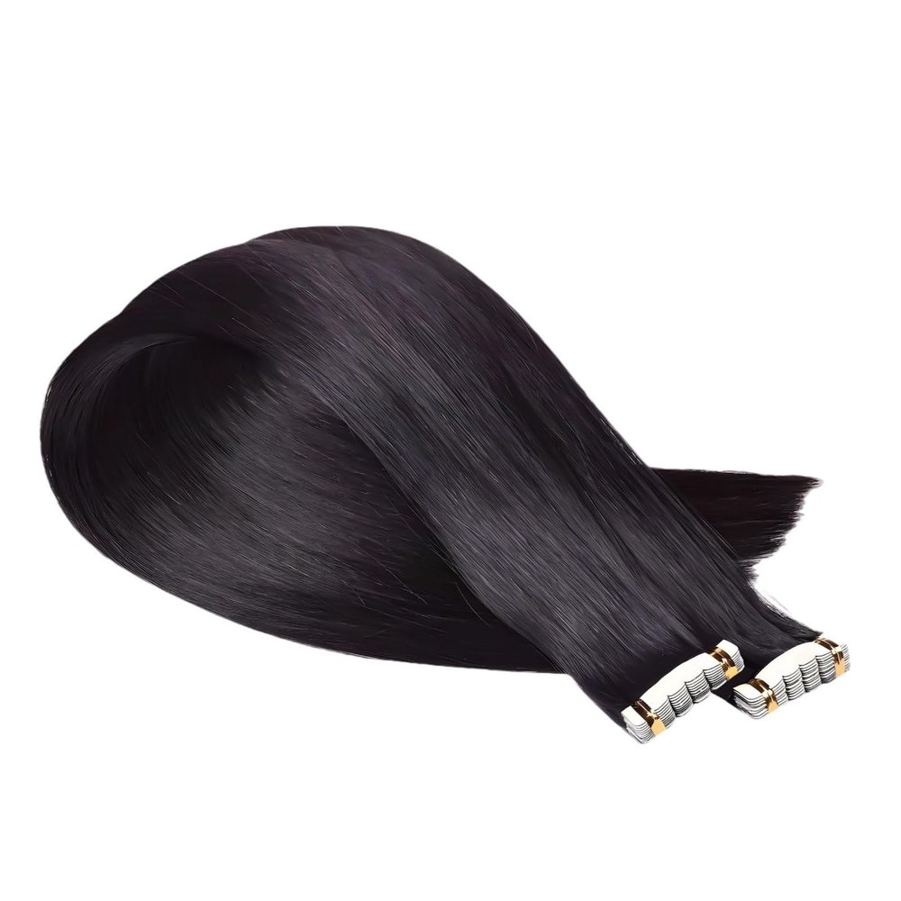 12-Inch Black Tape-in Hair Extensions, 20 Pieces, Straight, Seamless, Invisible, Real Human Hair