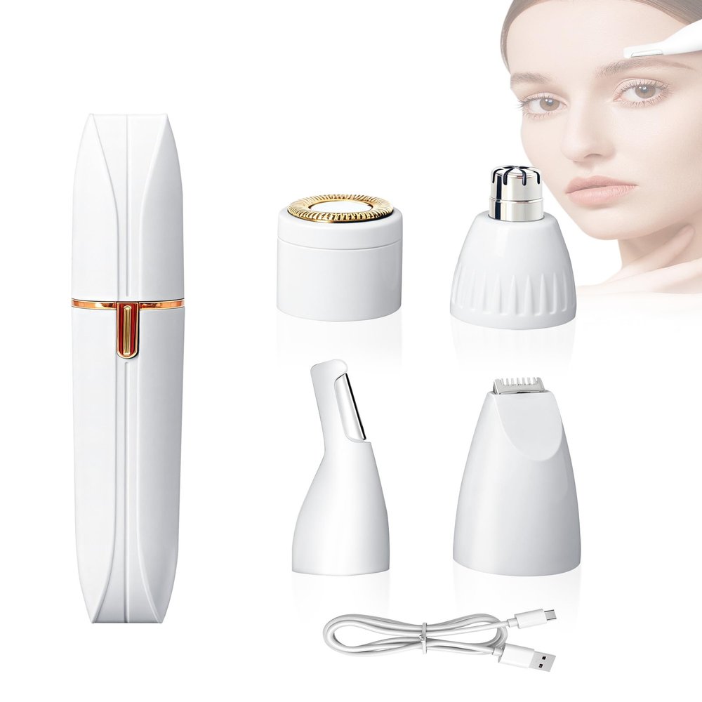 4-in-1 Facial Hair Trimmer for Women & Men - Eyebrow, Nose, Lips & Bikini Line Hair Removal, Rechargeable & Waterproof Personal Shaver, Painless & Portable for Travel Home Use