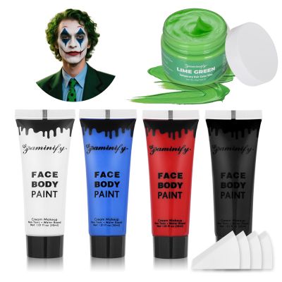 Paminify Halloween Joker Clown Makeup Kit,Red White Blue Black Face Body Paint+Lime Green Temporary Hair Wax+4 pcs sponge,Water-Based Face Painting for Clown Skull Devil Cosplay Costume SFX Makeup Set
