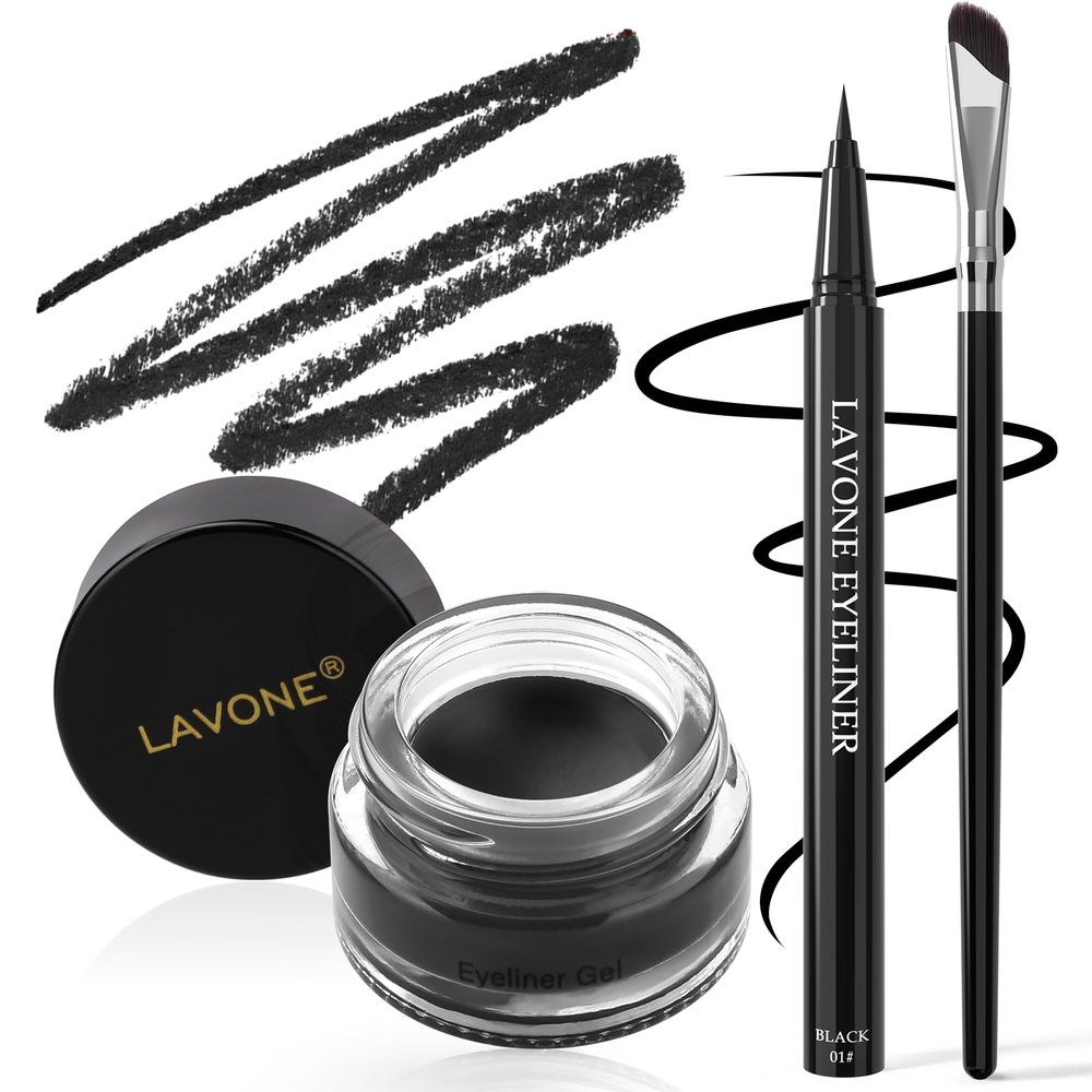 LAVONE Eyeliner Set - Waterproof Makeup Kit with Liquid Eye Liner Pencil, Gel Eyeliner and Angled Eye Liner Brush, Waterproof, Smudge Resistant, Long Lasting Formula - Black