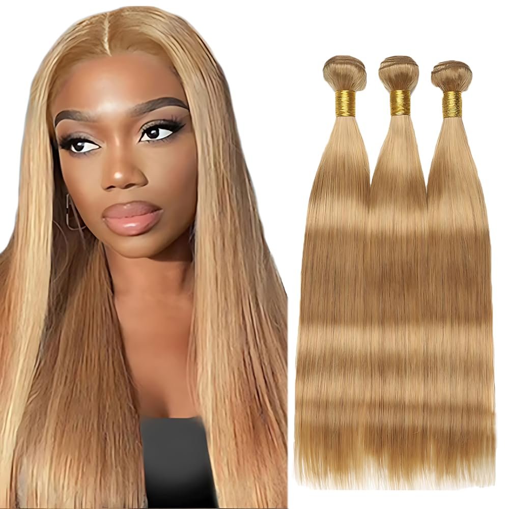 ZCMYVINND Color 27 Blonde Bundles Human Hair Honey Blonde Straight Bundles Unprocessed Brazilian Virgin Remy Hair Weave 14 16 18 Inch Double Weft Weave