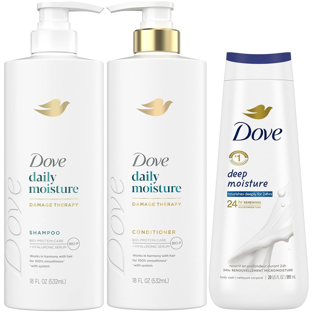 Dove Daily Moisture Shampoo & Conditioner Set with Deep Moisture Body Wash Deep Hydration for Revitalizing Dry Hair and Skin (3-Piece Set)
