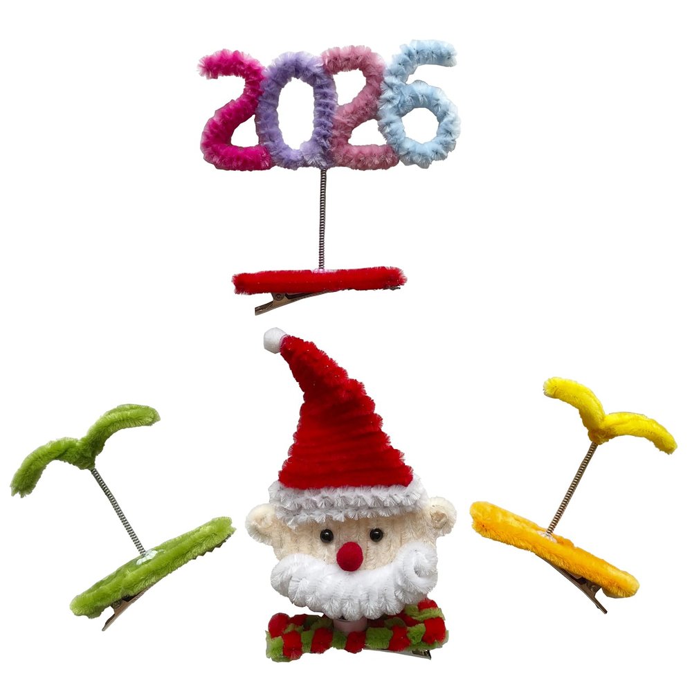 4 Pcs Handmade Hair Clips Set, including 2 Pcs Wiggle Bean Sprout and a Rotatable Santa Claus and a Wiggle 2026, Made by Hand with Chenille Stems