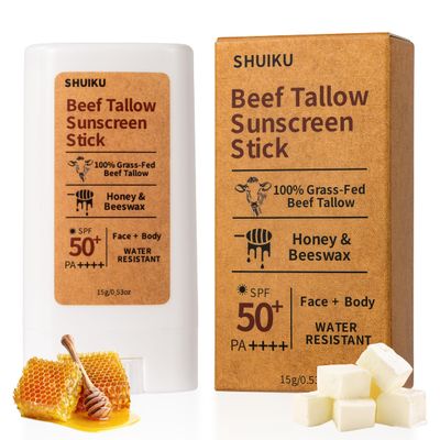 Beef Tallow Sunscreen Organic Stick SPF 50  Tallow-Based Mineral Sunscreen with Honey & Beeswax for Face & Body, Water-Resistant Natural Sunblock, 0.53 oz