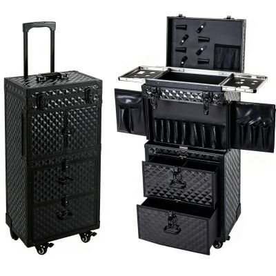 IOENC Rolling Makeup Cosmetology Train Case with Key Swivel Wheels Large Cosmetic Organizer Train Case Makeup Travel Case with Password Locks Traveling Cart Trunk Black Traveling Cart Trunk Black