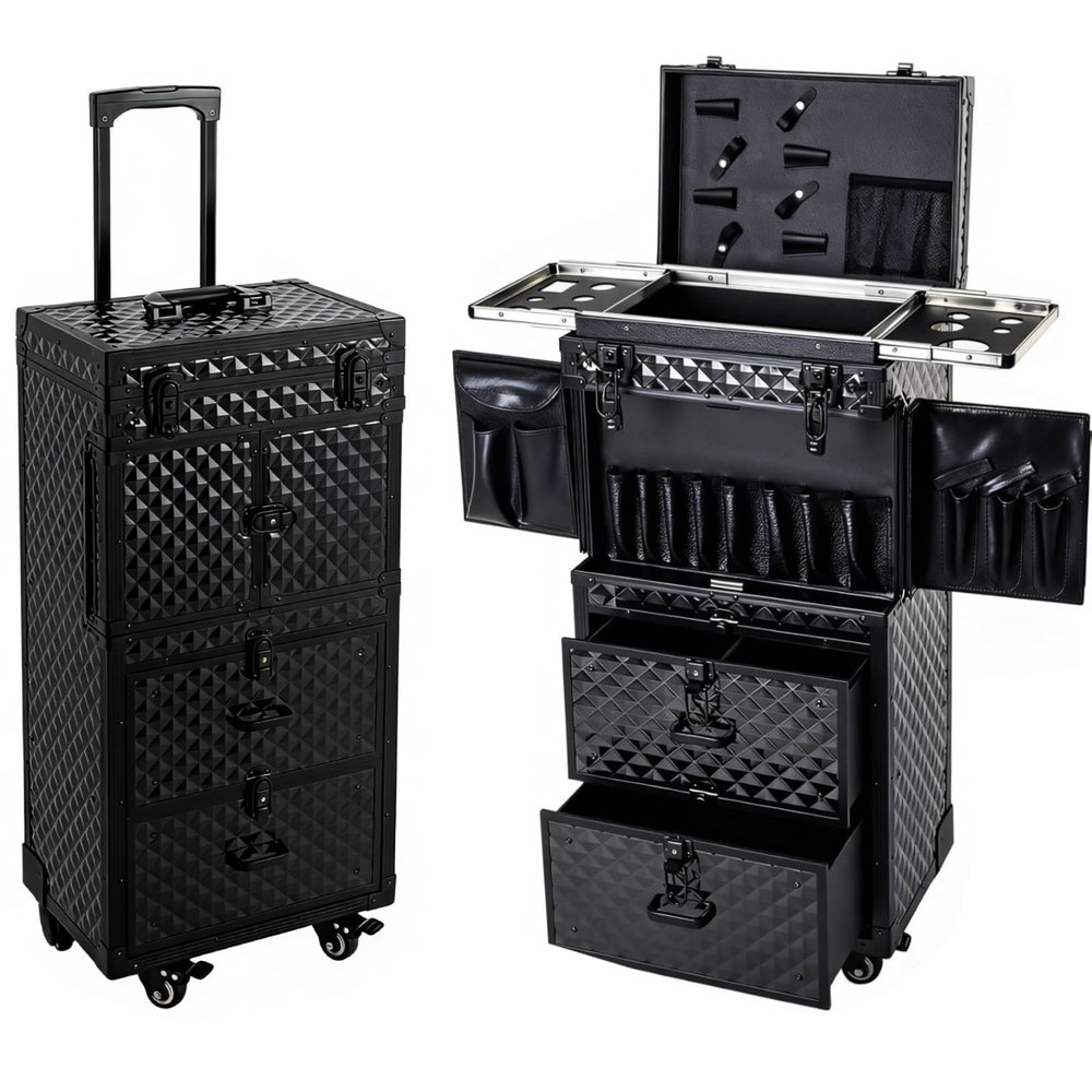 IOENC Rolling Makeup Cosmetology Train Case with Key Swivel Wheels Large Cosmetic Organizer Train Case Makeup Travel Case with Password Locks Traveling Cart Trunk Black Traveling Cart Trunk Black
