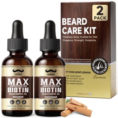 Biotin Beard Oil for Men Set 2 Pack Unscented & Sandalwood Beard Oil Blended with Castor & Grape Seed Oil for Thicker, Softer, Moisturizing Beard Gift for Father, Husband, Boyfriend 4 oz