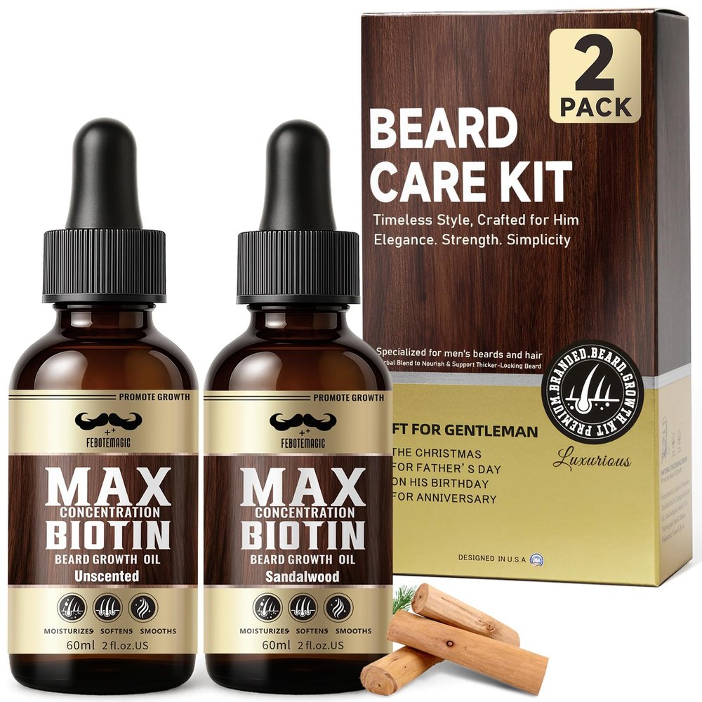 Biotin Beard Oil for Men Set  2 Pack Unscented & Sandalwood Beard Oil Blended with Castor & Grape Seed Oil for Thicker, Softer, Moisturizing Beard  Gift for Father, Husband, Boyfriend  4 oz