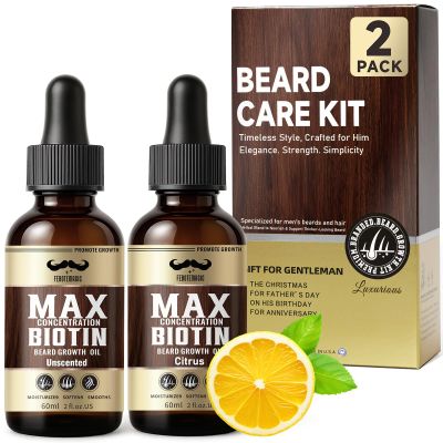Biotin Beard Growth Oil for Men Set  2 Pack Unscented & Citrus with Castor & Grape Seed Oil for Fuller, Softer, Moisturizing Beard  Gift for Father, Husband, Boyfriend  4 oz