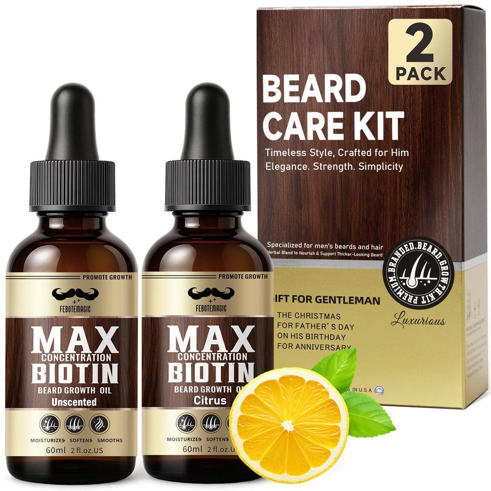 Biotin Beard Growth Oil for Men Set 2 Pack Unscented & Citrus with Castor & Grape Seed Oil for Fuller, Softer, Moisturizing Beard Gift for Father, Husband, Boyfriend 4 oz