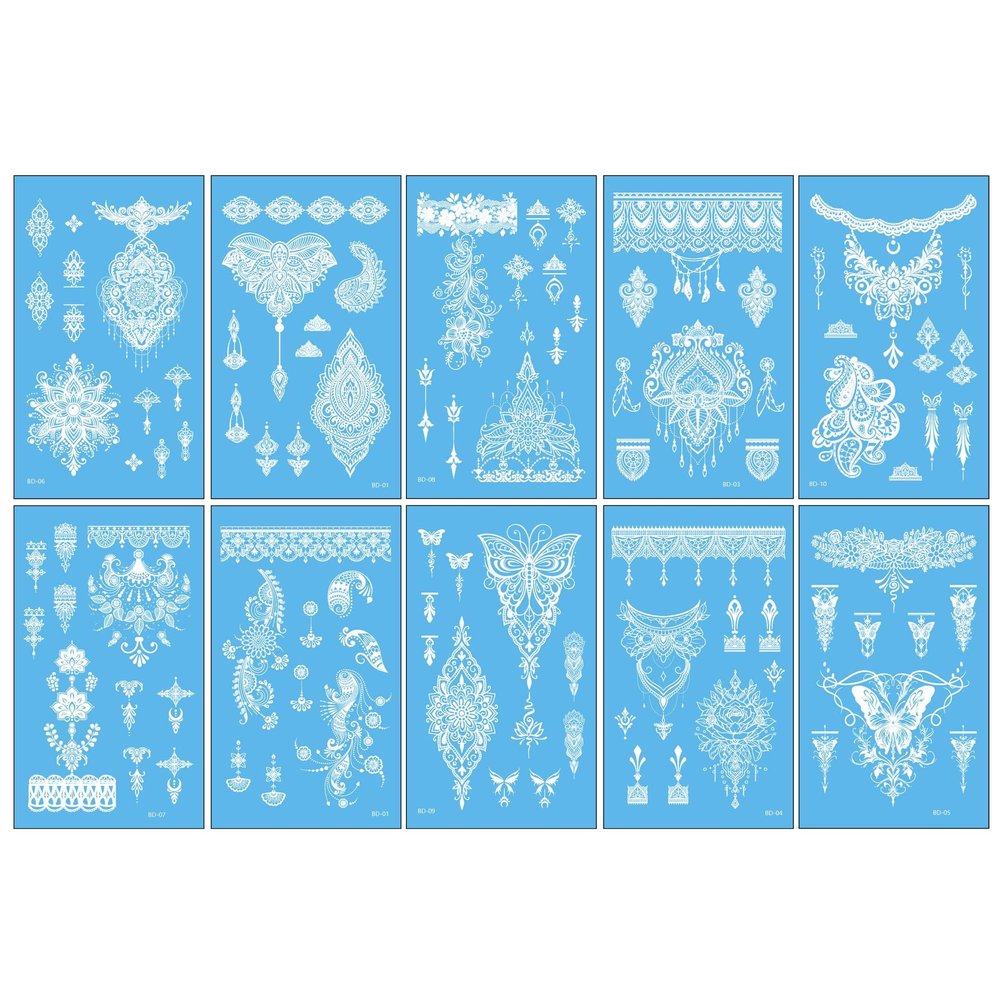 10 Sheets White Henna Tattoo Kit, Henna Tattoos Stickers for Women Wedding Party Festival Tattoos Decorations 764