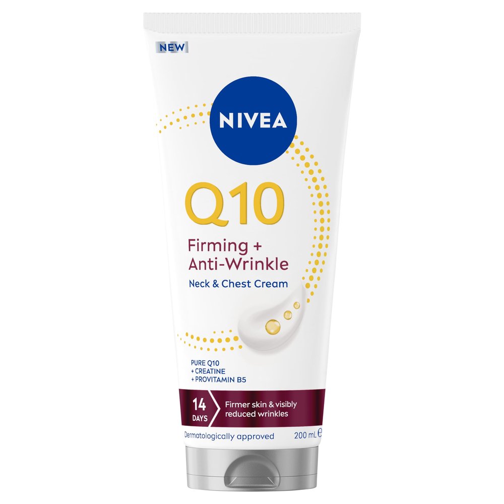 NIVEA Q10 Neck & Dcollet Care Cream 200 ml / 6.76 fl oz, Everyday Cosmetic Skin Care Formula with Coenzyme Q10, Creatine and Panthenol, Lightweight Fast-Absorbing Cream for Neck and Chest Area