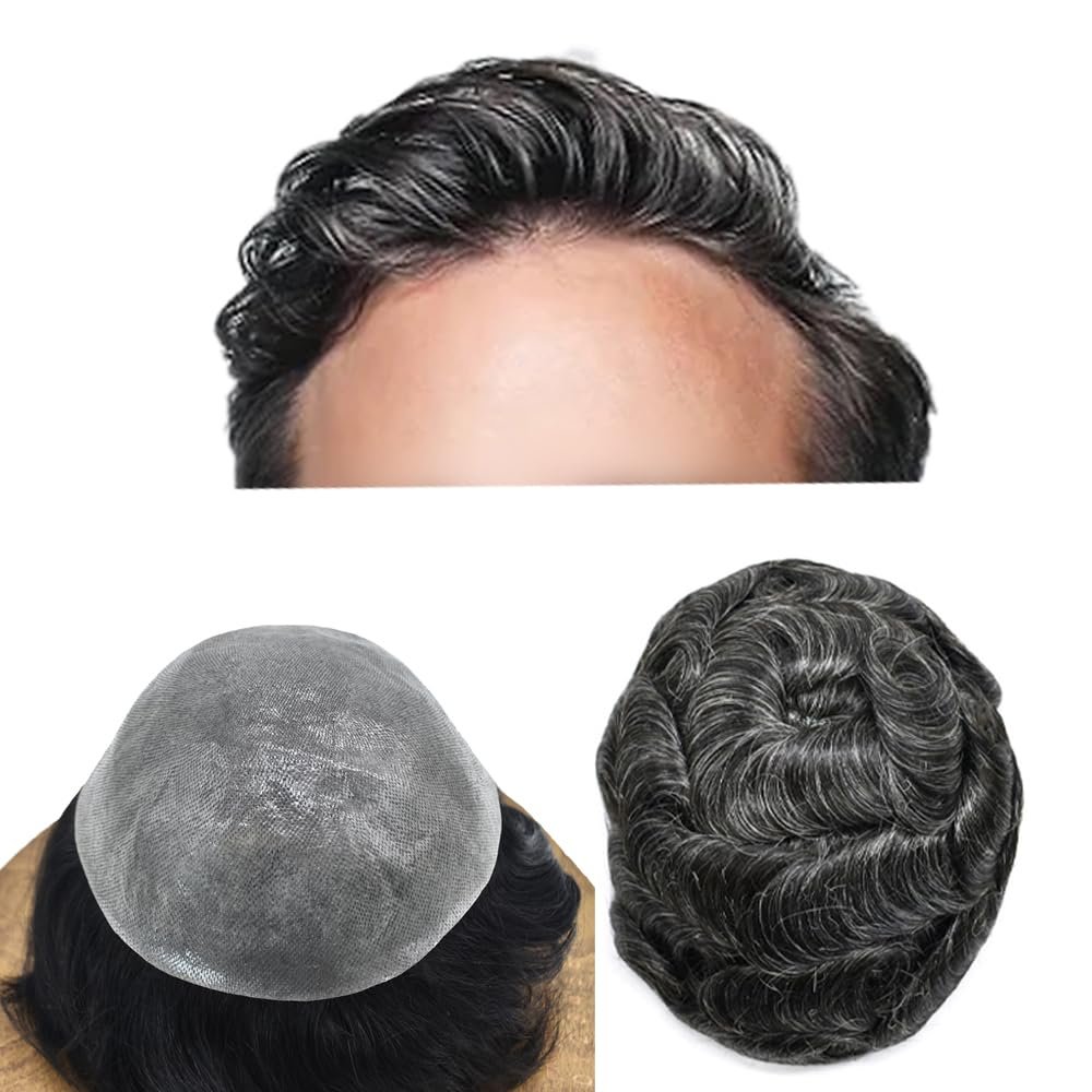 Hair Wonders Hair Piece Toupee for Men 0.06mm Ultra Thin Skin Mens Toupee Real Human Hair Replacement System for Men Invisible Prosthesis 8x10-90% Density #1B50 1B# OFF BLACK+50% GREY