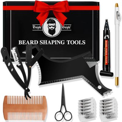 Beard Shaper for Men Beard Shaping Tools - Gifts for Men Beard Template Guide, Straight Edge Razor, 10 PCS Double Edge Blade, Barber Pencil, Beard Comb, Stainless Steel Scissor Mustache Lineup Tools