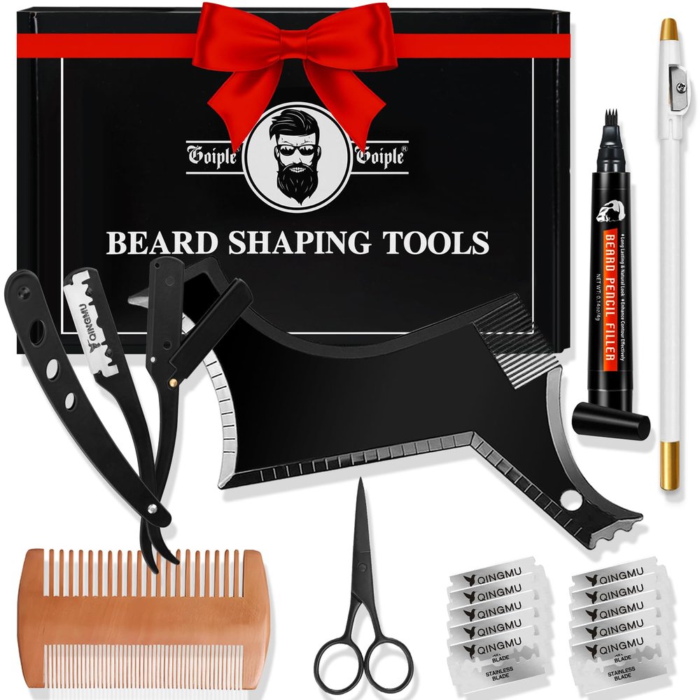 Beard Shaper for Men Beard Shaping Tools - Gifts for Men Beard Template Guide, Straight Edge Razor, 10 PCS Double Edge Blade, Barber Pencil, Beard Comb, Stainless Steel Scissor Mustache Lineup Tools