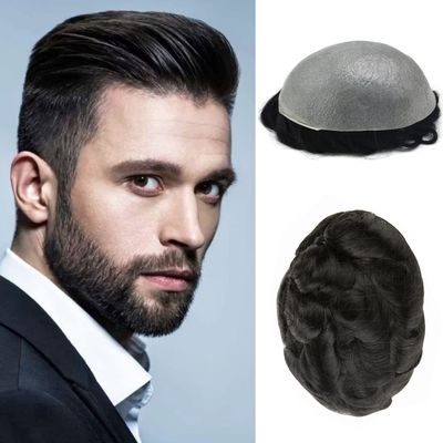 Hair Wonders Hair Piece Toupee for Men 0.06mm Ultra Thin Skin Mens Toupee Real Human Hair Replacement System for Men Invisible Prosthesis 8x10-100% density #1B10 1B# OFF BLACK+10% GREY