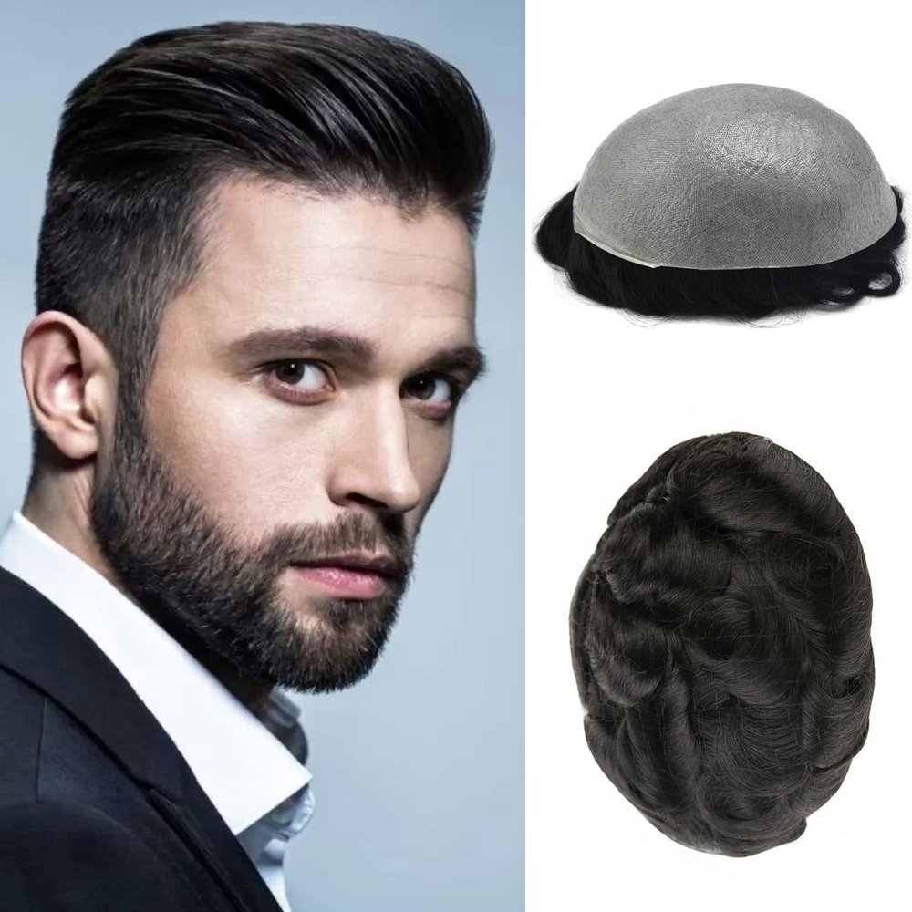 Hair Wonders Hair Piece Toupee for Men 0.06mm Ultra Thin Skin Mens Toupee Real Human Hair Replacement System for Men Invisible Prosthesis 8x10-100% density #1B10 1B# OFF BLACK+10% GREY